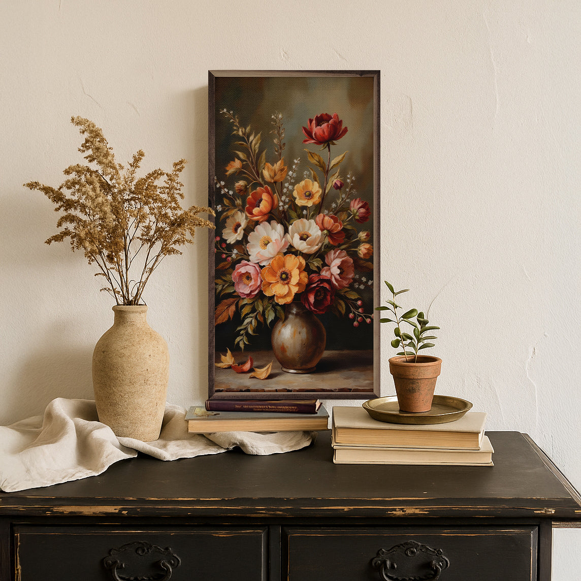 Walnut frame with autumn bouquet floral arrangement, Kendrick Home, 20x40 size, featuring colorful fall flowers and greenery.