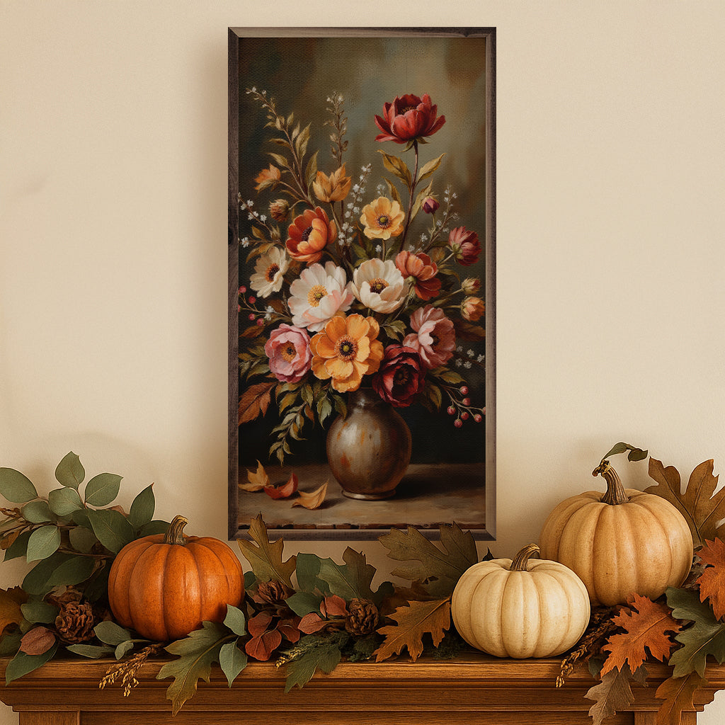 Autumn bouquet displayed in walnut Kendrick Home frame, showcasing vibrant fall flowers and greenery in a 20x40-inch walnut frame.