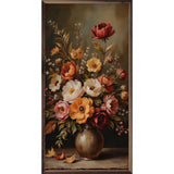 Walnut frame with autumn bouquet featuring colorful fall flowers and foliage, styled by Kendrick Home.