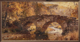 Walnut frame artwork titled "Stone Bridge in Autumn" featuring a scenic autumn landscape with a stone bridge, by Kendrick Home.