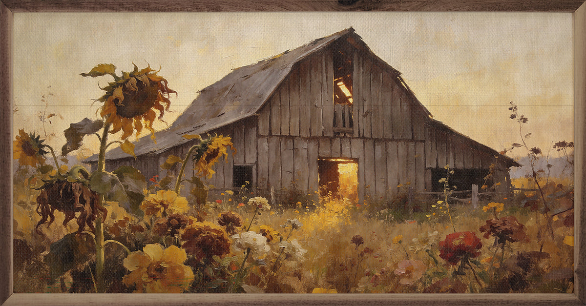 Weathered barn in sunflower autumn field framed by walnut Kendrick Home picture frame, scenic rural landscape image.