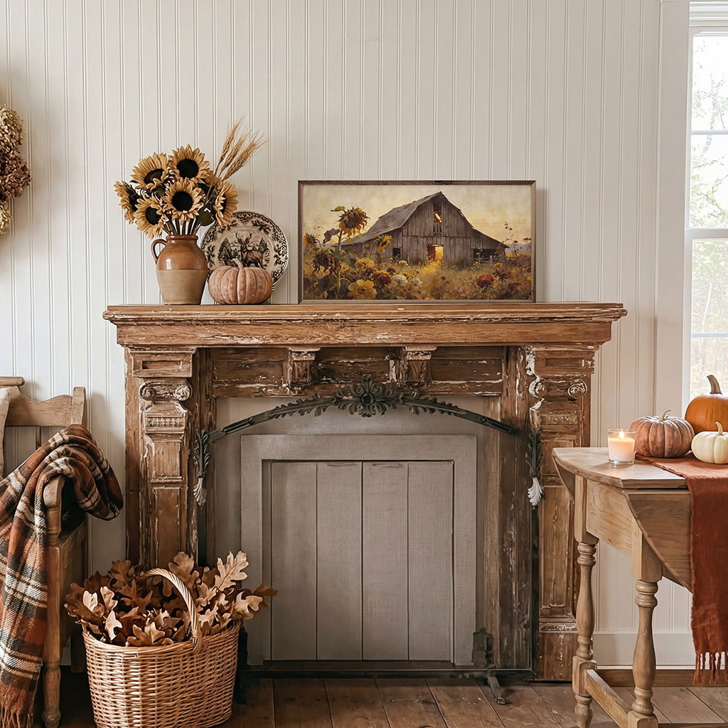 Weathered barn in sunflower autumn field displayed in a walnut Kendrick Home picture frame, 24x12 size.