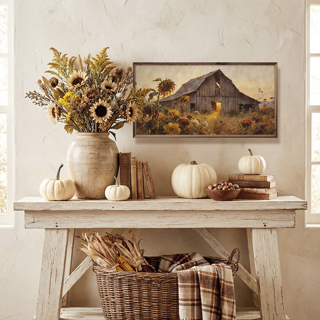 Weathered barn in sunflower autumn field wall art framed by Kendrick Home Walnut Frames, showcasing a rustic countryside scene.