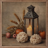 Walnut frame autumn lantern by Kendrick Home, featuring warm-toned design with intricate leaf patterns and a glowing candle inside.