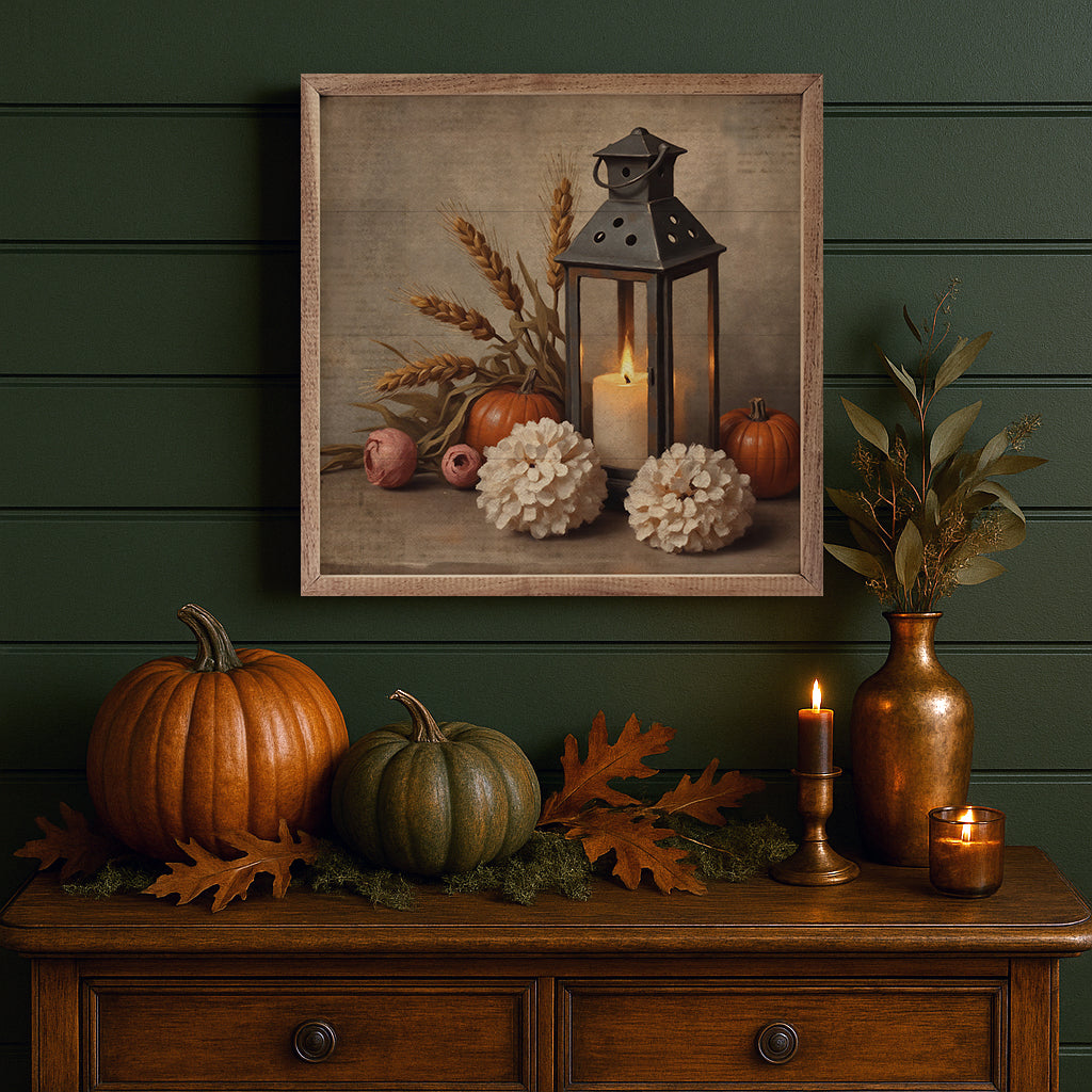 Walnut-framed autumn lantern with warm-toned leaves and candles inside, decorative home decor by Kendrick Home.