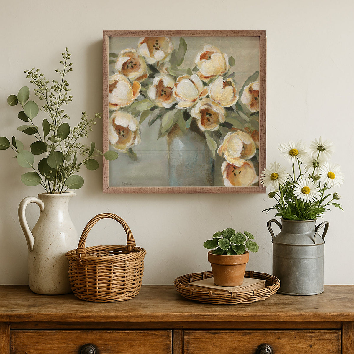 Walnut frame artwork of vibrant tulips by Carol Robinson, titled "Brilliant Tulips," displayed in a 24x24 inch Kendrick Home print.