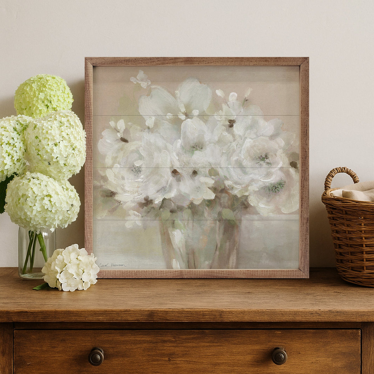 Walnut frame showcasing Tender White Blooms artwork by Carol Robinson, 24x24 inches, from Kendrick Home.