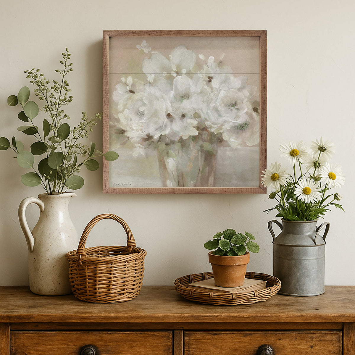 Walnut frame featuring Tender White Blooms artwork by Carol Robinson, size 24x24 inches, from Kendrick Home.