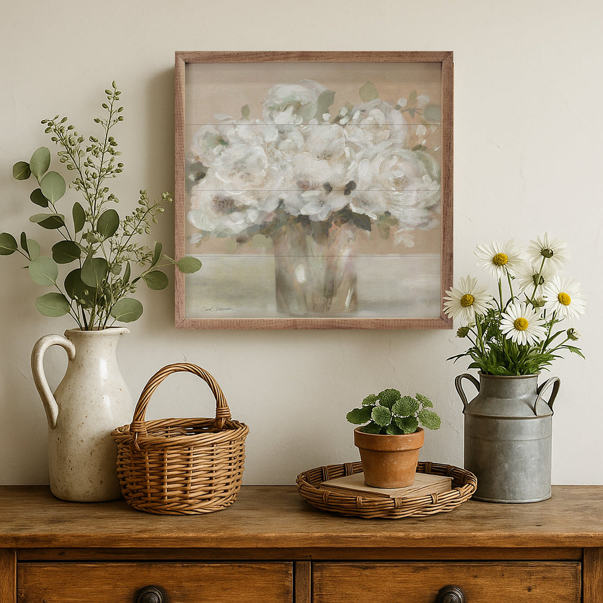 Walnut frame showcasing Tender White Blooms 2 artwork by Carol Robinson, size 24x24 inches, from Kendrick Home.
