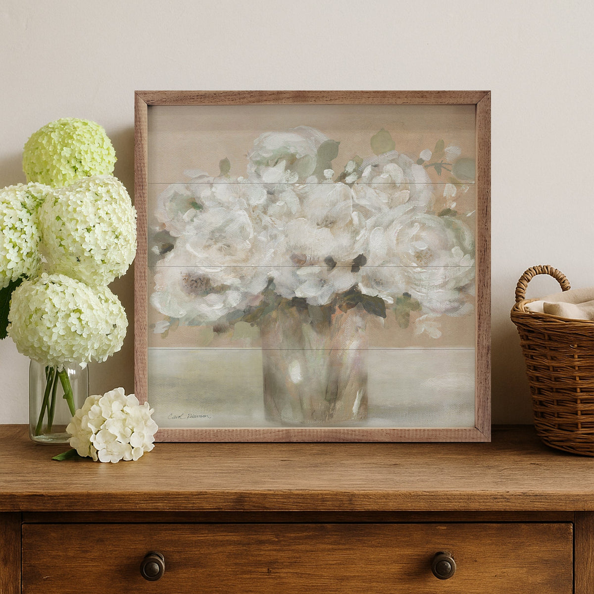 Walnut frame artwork titled Tender White Blooms 2 by Carol Robinson in a 24x24-inch size, displayed in a home setting.