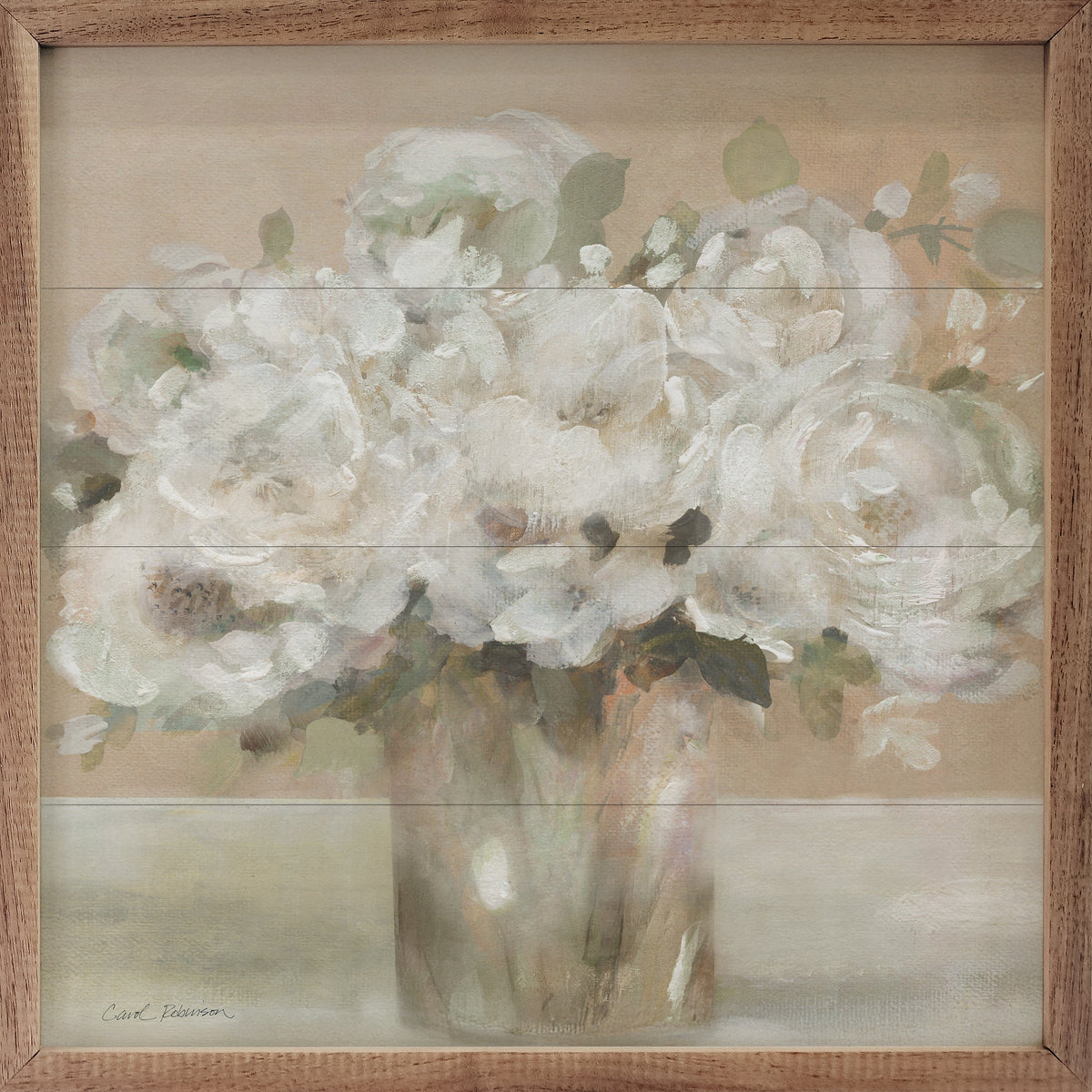 Walnut frame featuring Tender White Blooms 2 artwork by Carol Robinson, displayed in a 24x24 inch size.