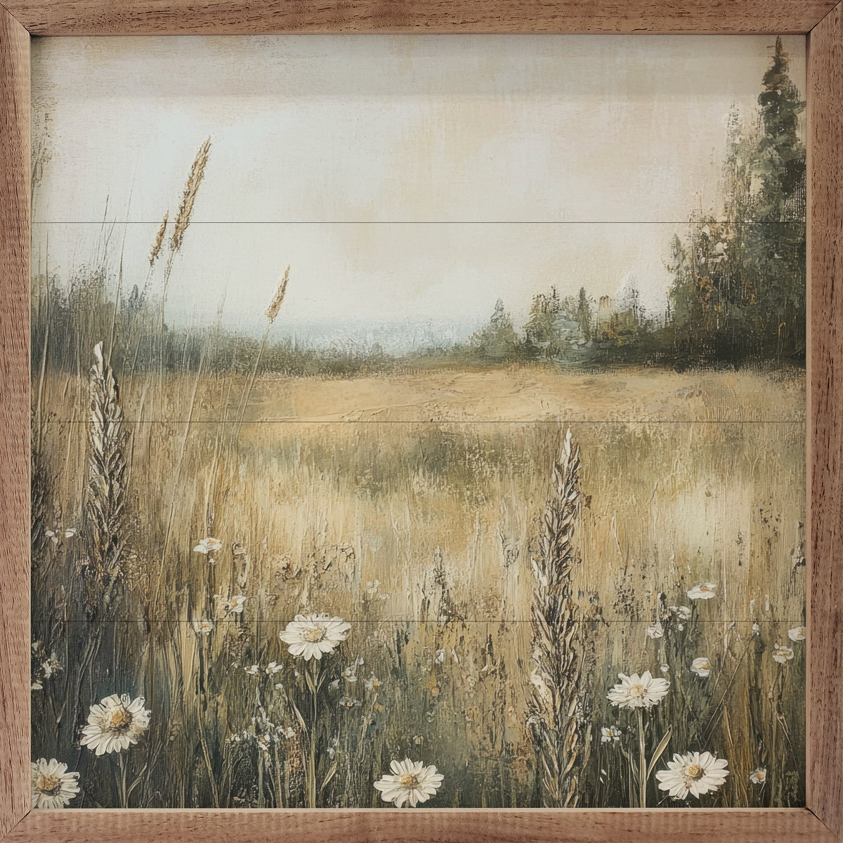 Walnut frame featuring Daisy Meadow Petals Prints design, 24x24 inches, by Kendrick Home, with a vibrant floral artwork.