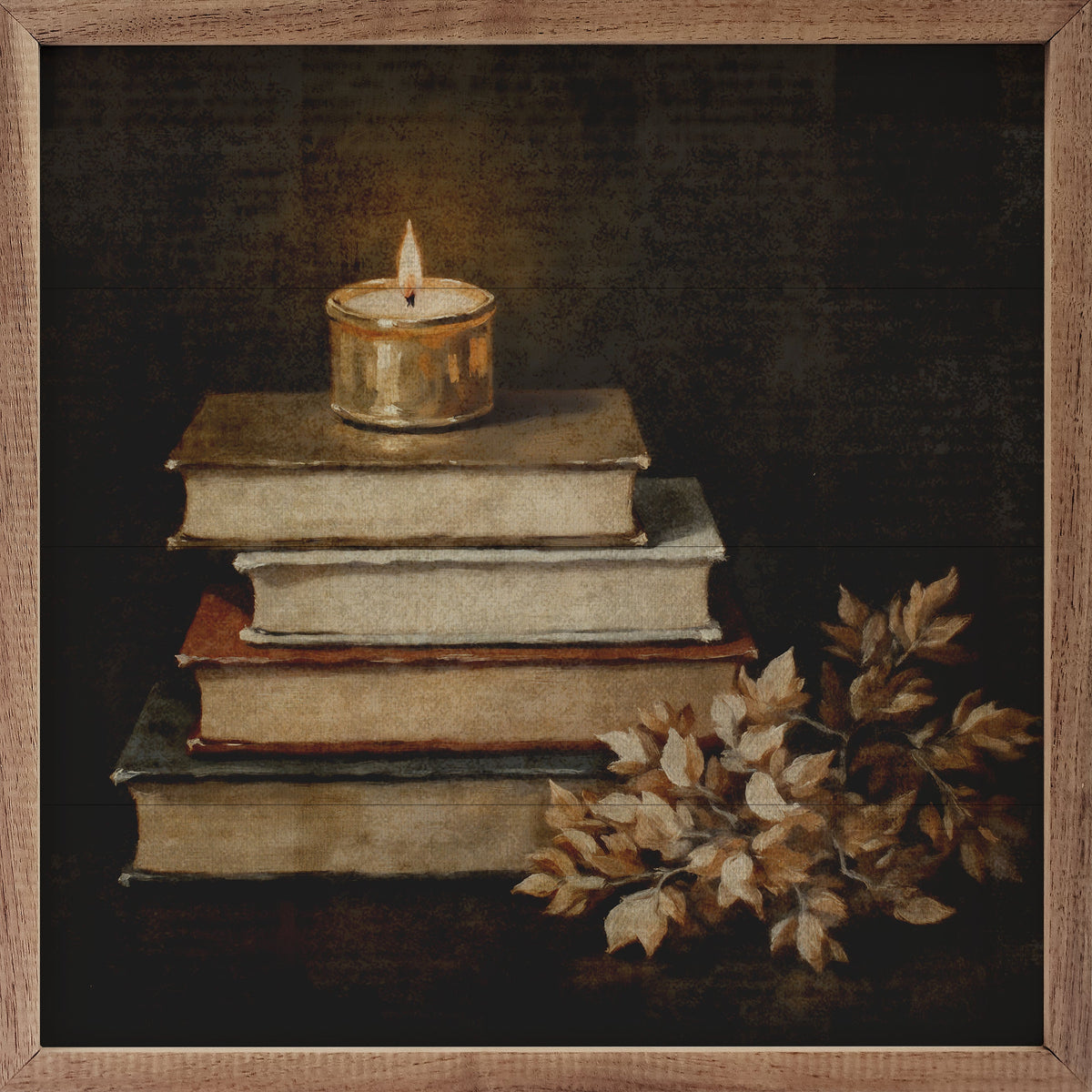 Walnut frame containing floral autumn-themed books with colorful leaves and flowers, arranged artfully for Kendrick Home decor.
