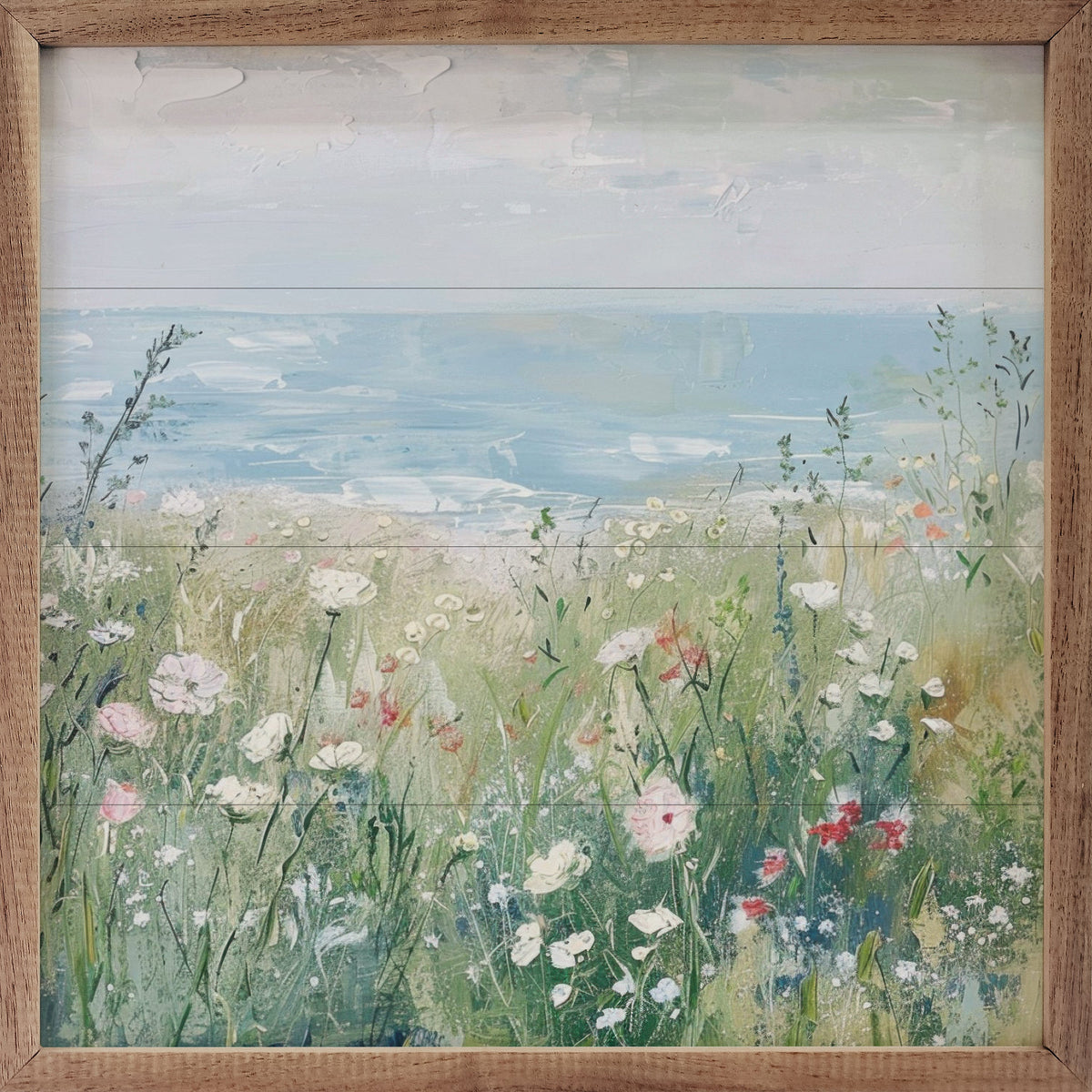 Walnut frame displaying "Wildflowers By The Sea" artwork by Creative Studio, 24x24 inches, from Kendrick Home.