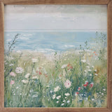 Walnut frame displaying "Wildflowers By The Sea" artwork by Creative Studio, 24x24 inches, from Kendrick Home.