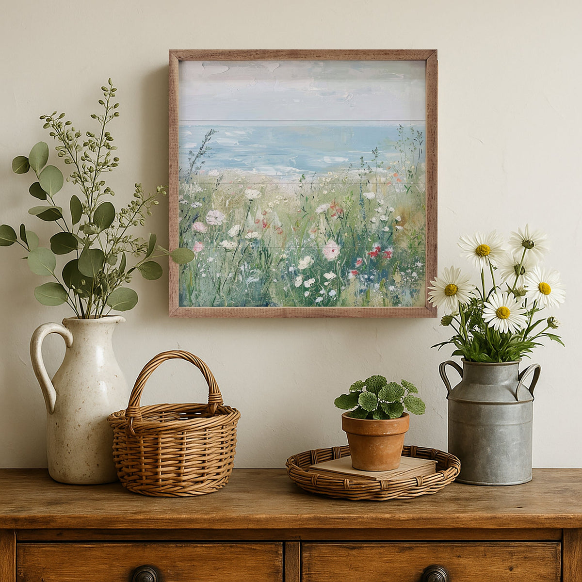 Walnut frame with a 24x24 inch print of wildflowers by Creative Studio, showcasing vibrant floral artwork in a stylish wooden frame.