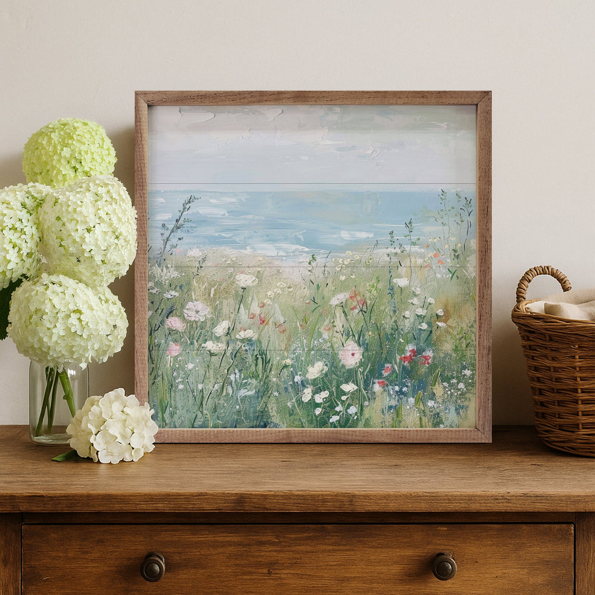 Walnut frame with Wildflowers by The Sea artwork by Creative Studio, 24x24 inches, showcasing vibrant floral design.