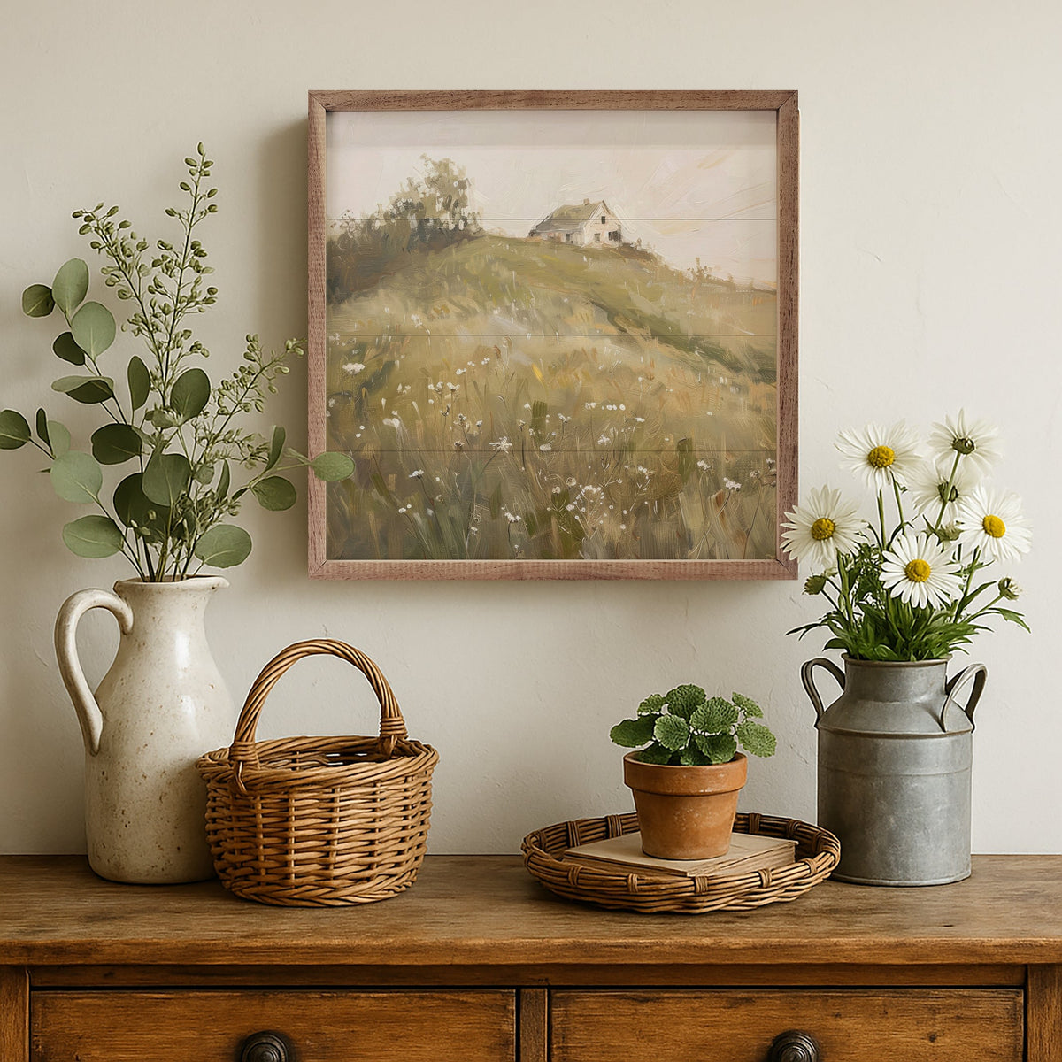 24x24 walnut framed spring landscape artwork by Creative Studio, framed by Kendrick Home, showcasing vibrant spring scenery.