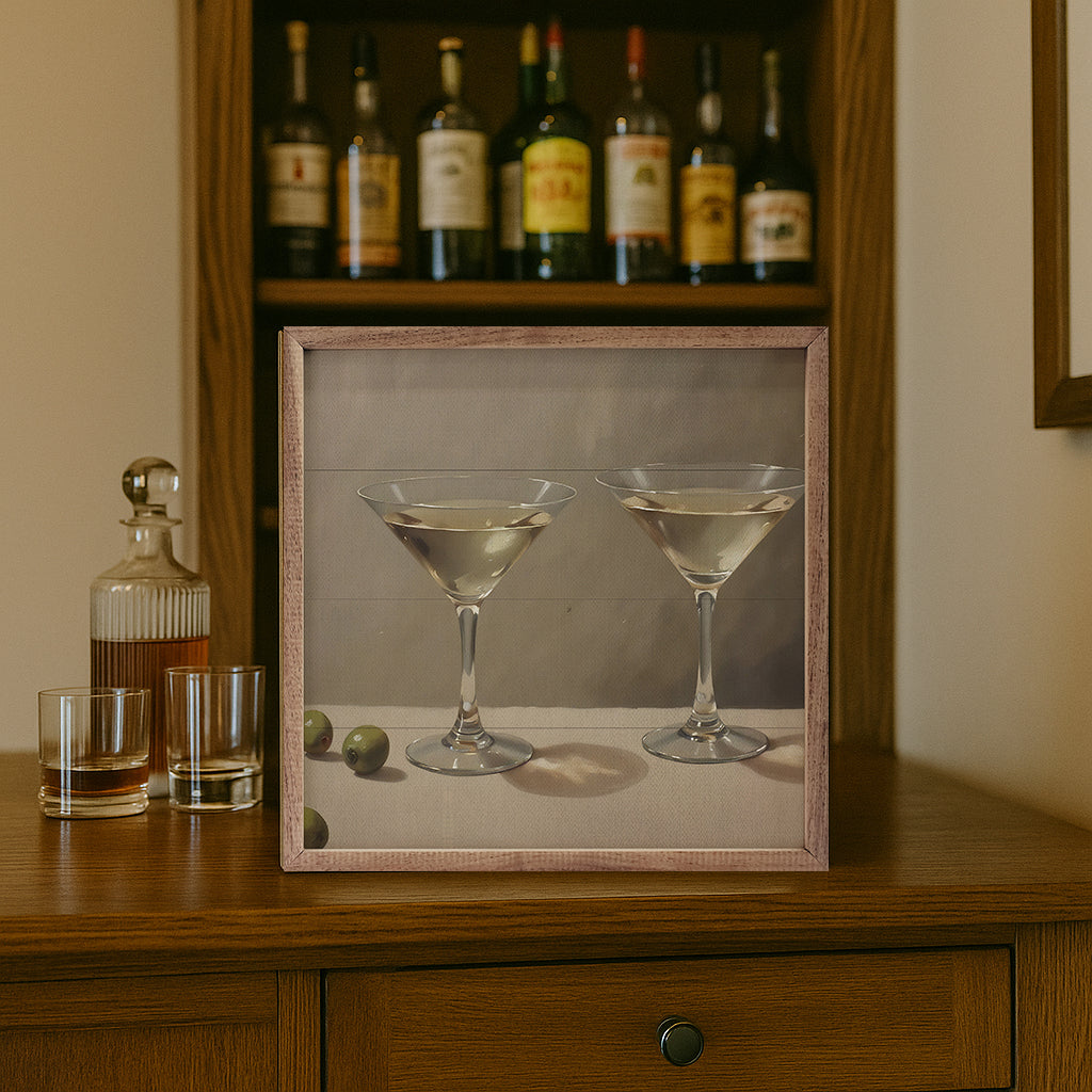 Walnut picture frame from Kendrick Home displaying a "Making Martinis" print in a 24x24 size.