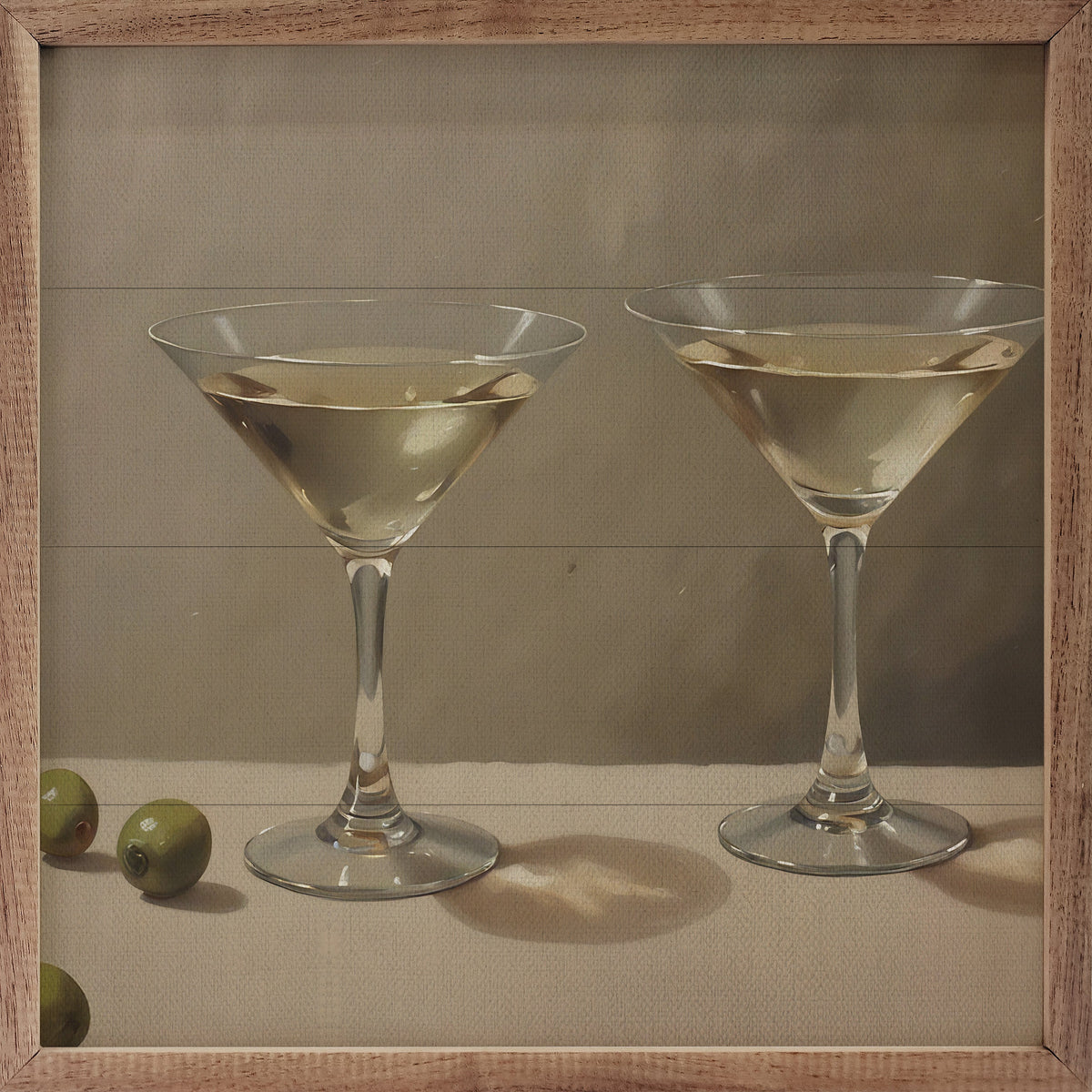 Walnut frame with a "Making Martinis" sign, suitable for home bar decor, by Kendrick Home, 24x24 inches.