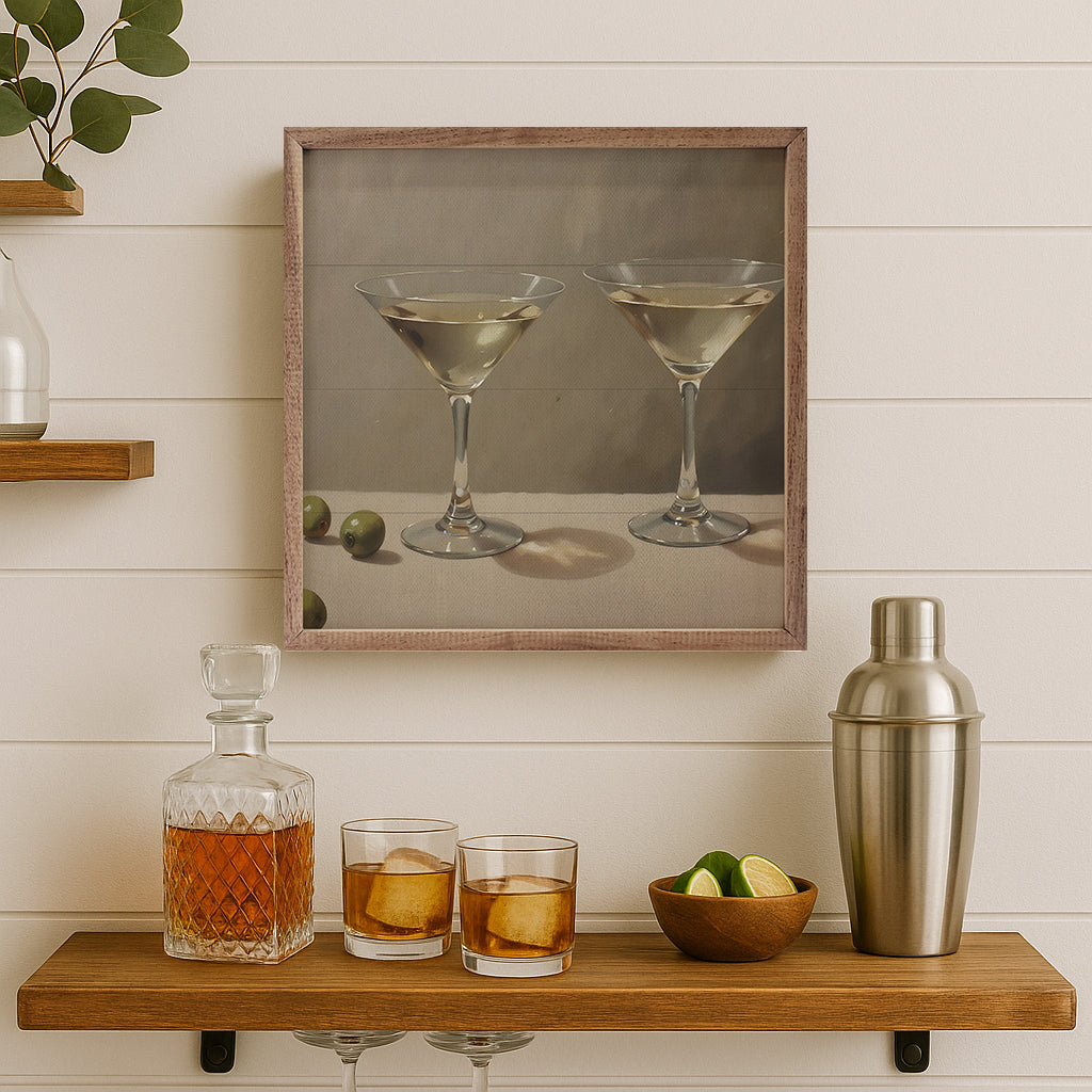 Walnut photo frame featuring a "Making Martinis" design by Kendrick Home, 24x24 inch decorative wall art.