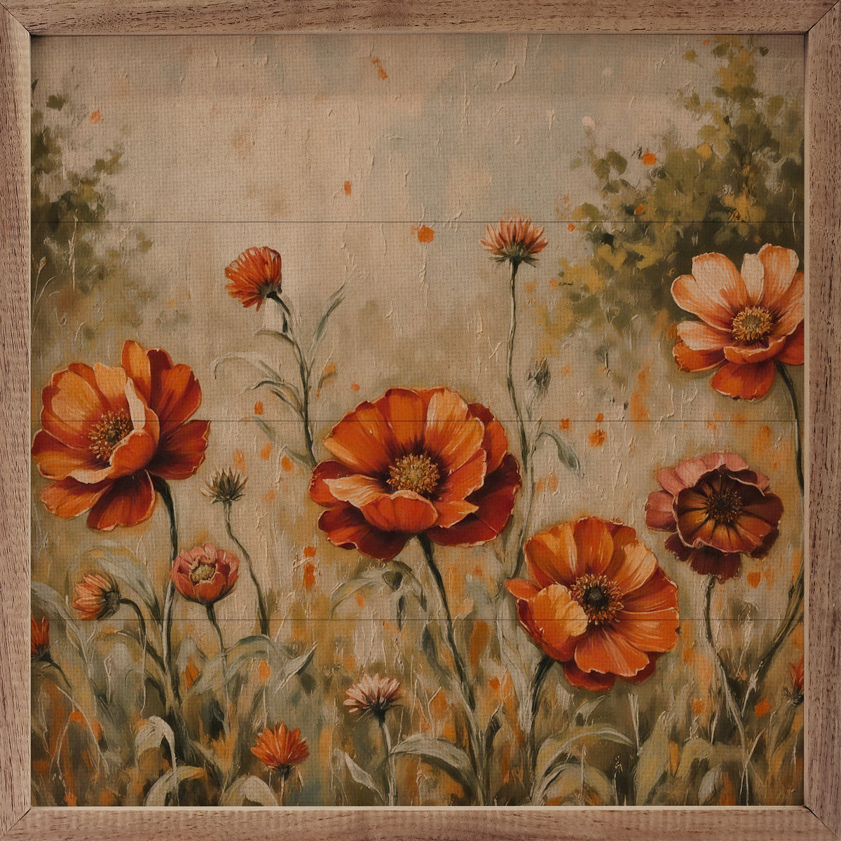 Walnut frame featuring vibrant orange flowers and light grass artwork by Kendrick Home, 24x24 inches.