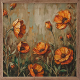 Walnut frame featuring orange poppies and dark grass artwork by Kendrick Home, 24x24 inches.
