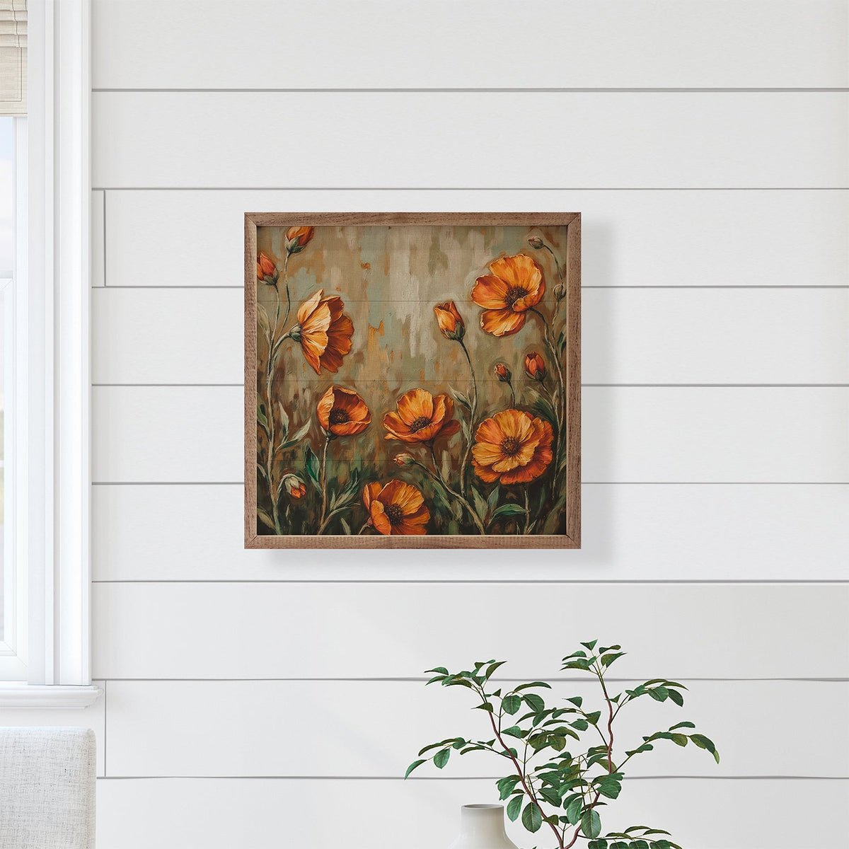 Walnut frame showcasing dark grass and vibrant orange poppies art print by Kendrick Home, 24x24 inches.