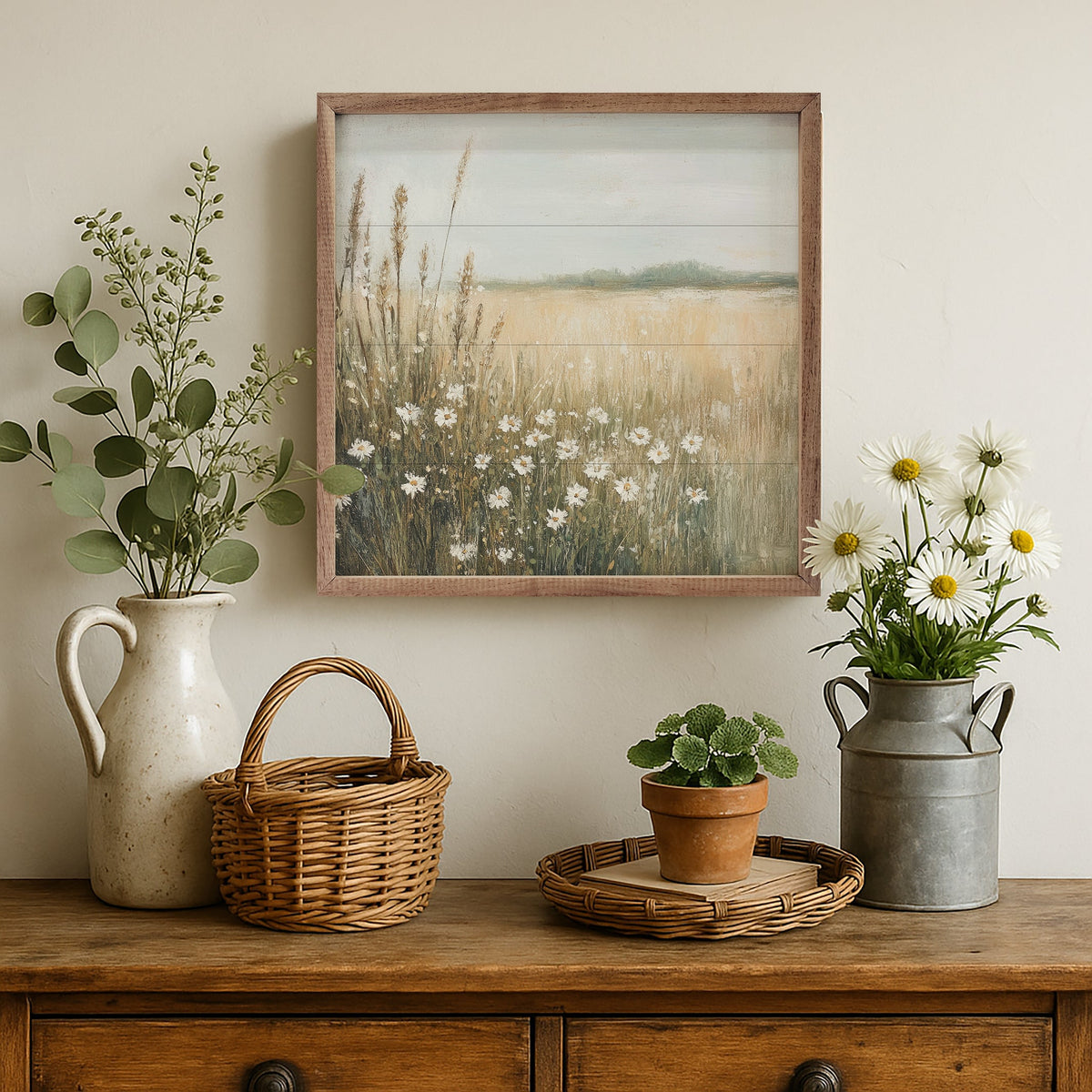 24x24 walnut frame with Daisy Meadow Petals Prints design by Kendrick Home, featuring a floral artwork in a natural setting.