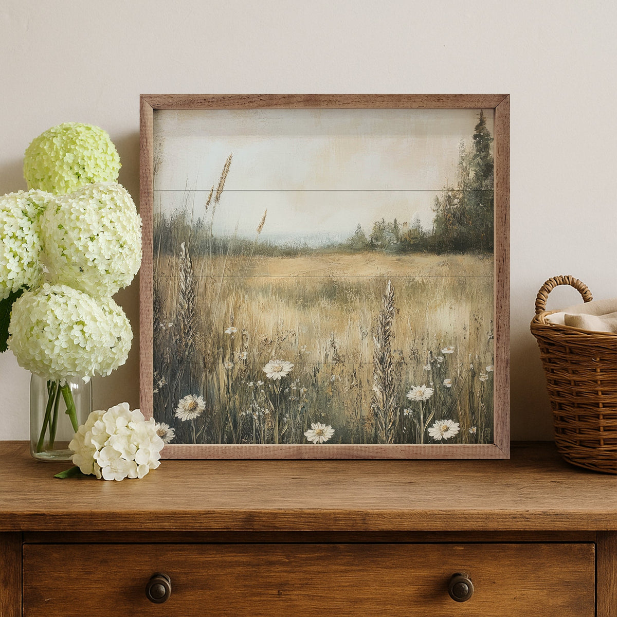 Walnut frame with Daisy Meadow Petals Prints Design artwork, 24x24 inches, decorative wall art by Kendrick Home.