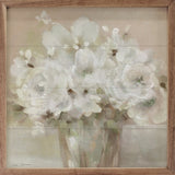 Walnut frame featuring Tender White Blooms artwork by Carol Robinson, displayed in a 24x24 inch size.