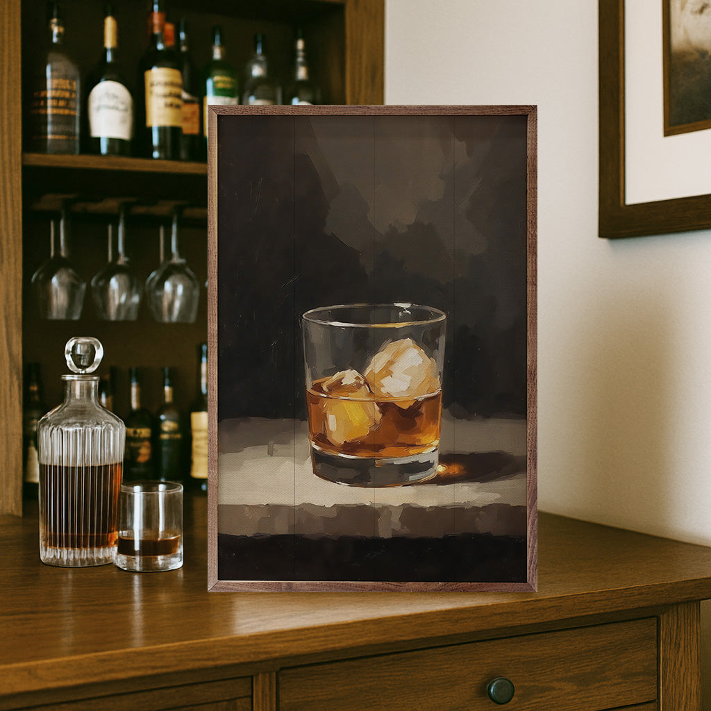 Walnut frame featuring Bourbon On The Rocks artwork by Kendrick Home, 24x36 inches, showcasing warm tones and detailed design.