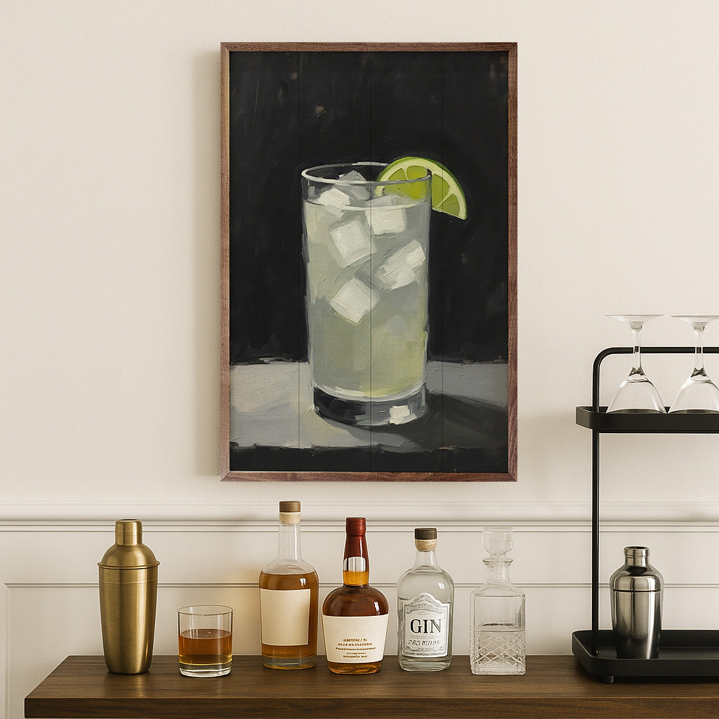 Walnut frame with Gin and Tonic artwork print, 24x36 inches, by Kendrick Home, showcasing a stylish beverage illustration.
