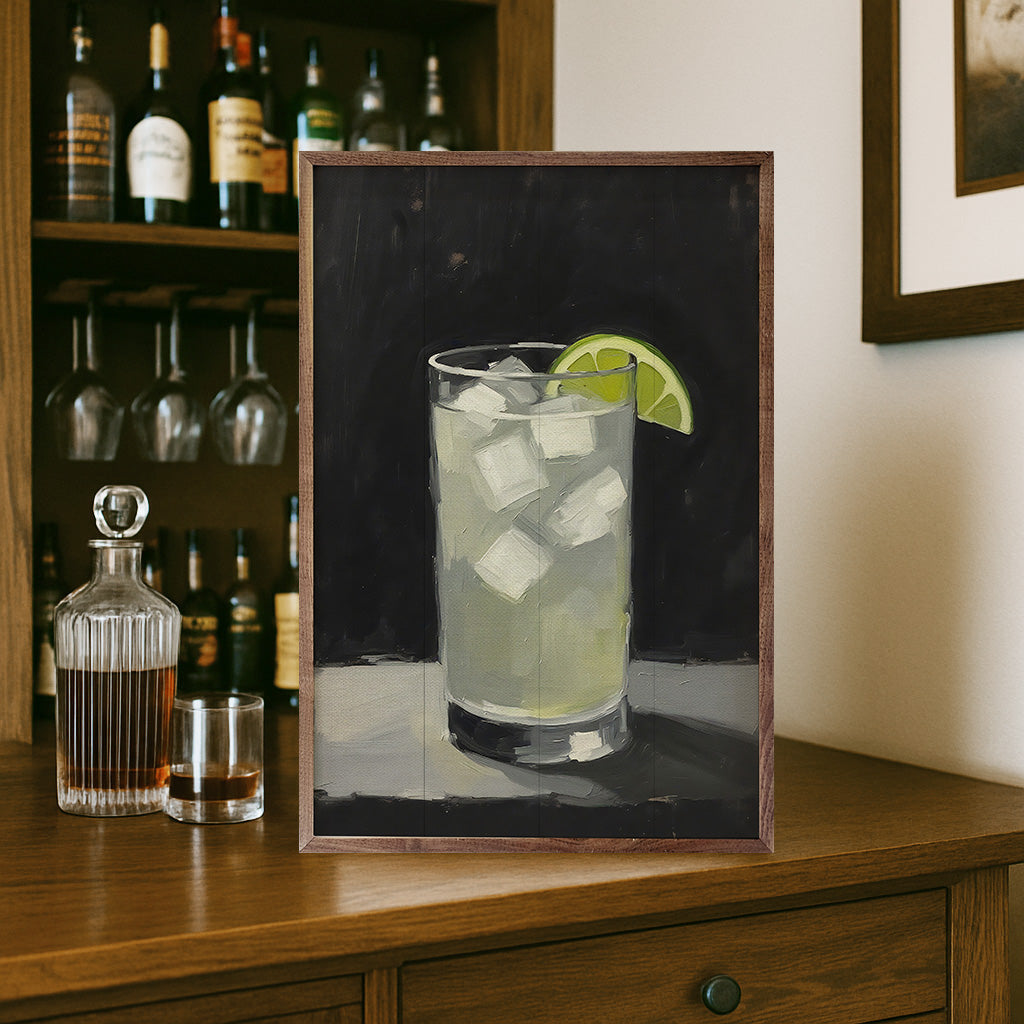 Walnut framed artwork of a gin and tonic glass, 24x36 size, by Kendrick Home, featuring a stylish and modern beverage illustration.