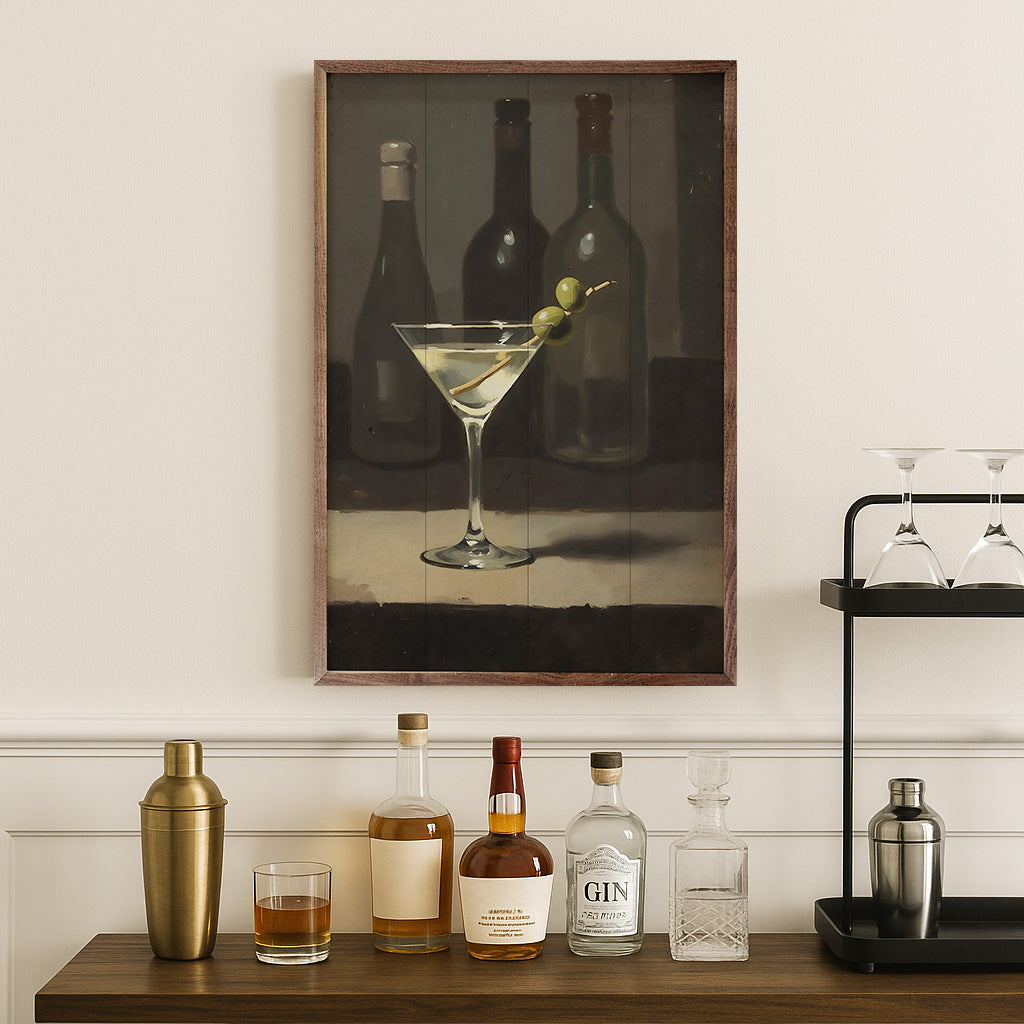 Walnut framed artwork titled "Martini" by Kendrick Home, measuring 24x36 inches, displayed on a wall.