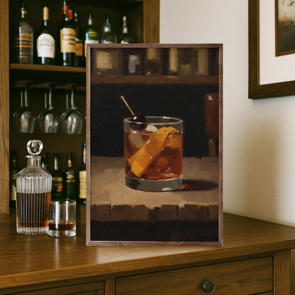 Walnut framed artwork titled Old Fashioned, 24x36 inches, by Kendrick Home, hanging on a wall.