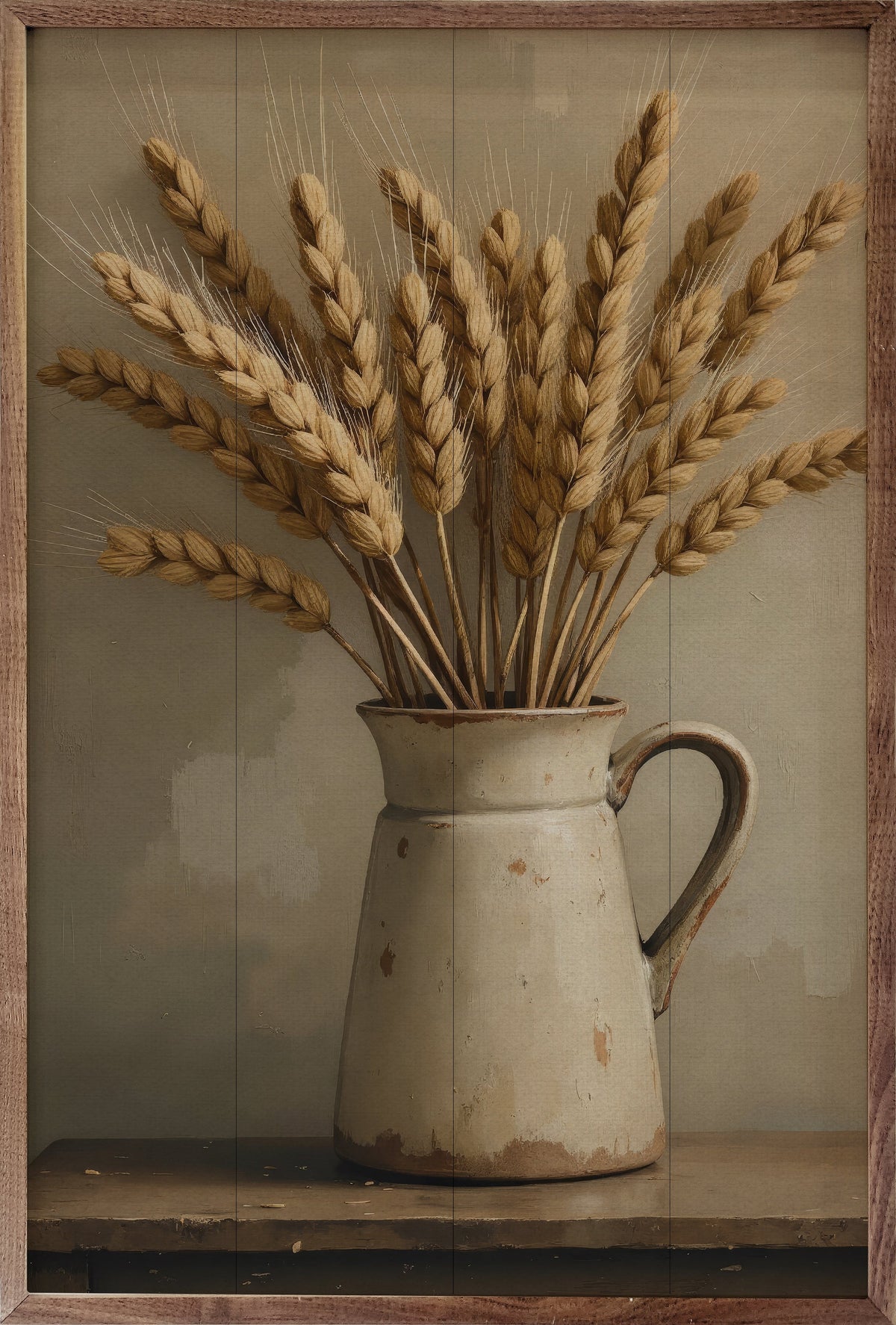 Walnut framed wall art featuring wheat in a white vase, designed by Kendrick Home in a 24x36 size.