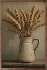 Walnut framed wall art featuring wheat in a white vase, designed by Kendrick Home in a 24x36 size.