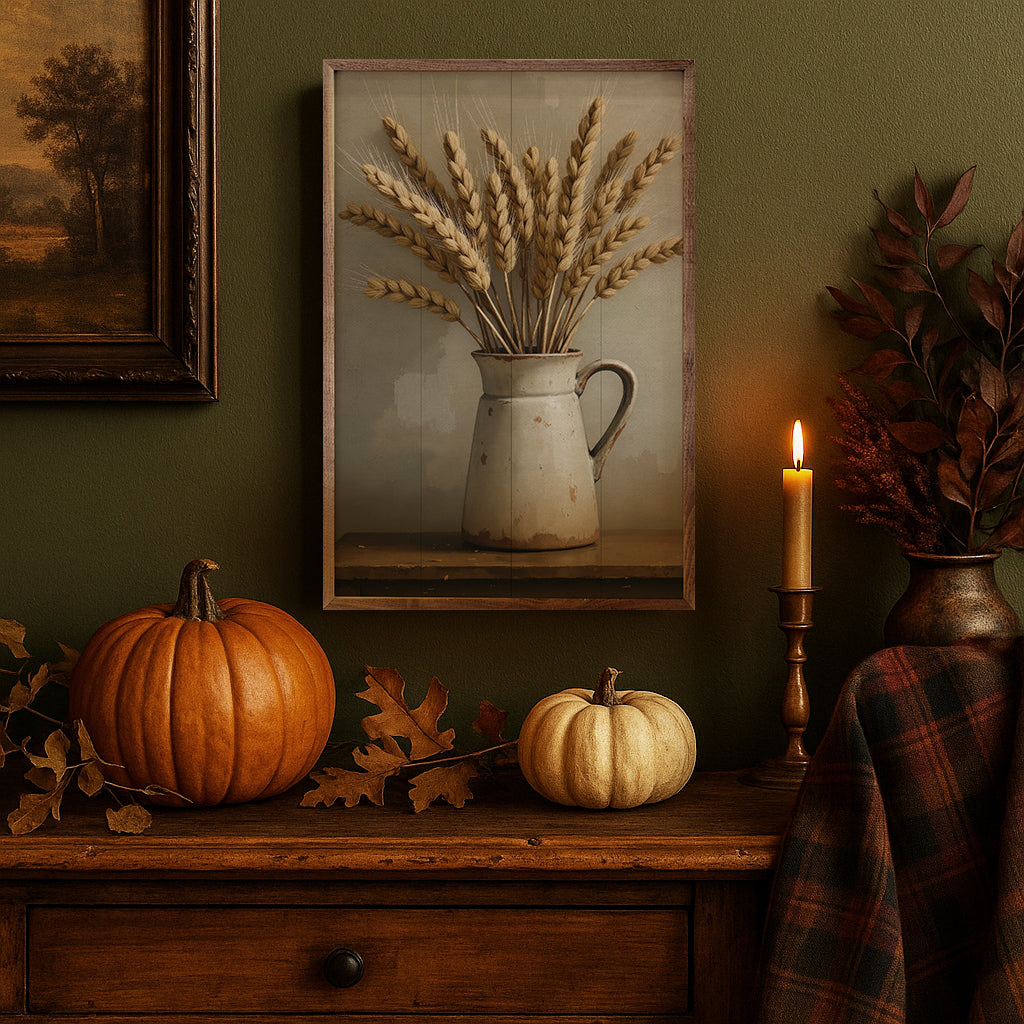 Wheat in white vase displayed on walnut frame, modern home decor by Kendrick Home, 24x36 inch print.