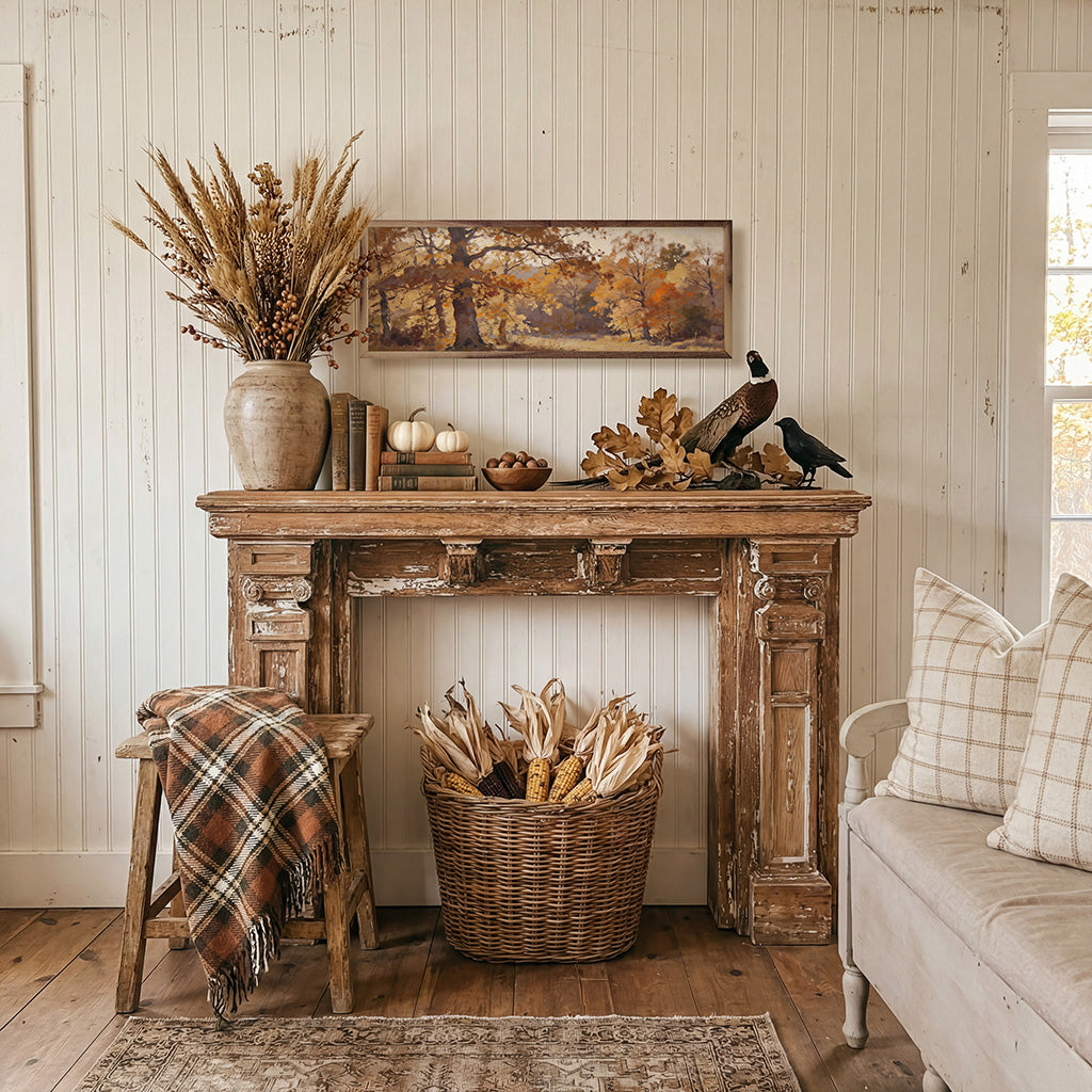 Walnut frame with a print of autumn trees illuminated by golden light, showcasing warm fall colors and natural wood texture.