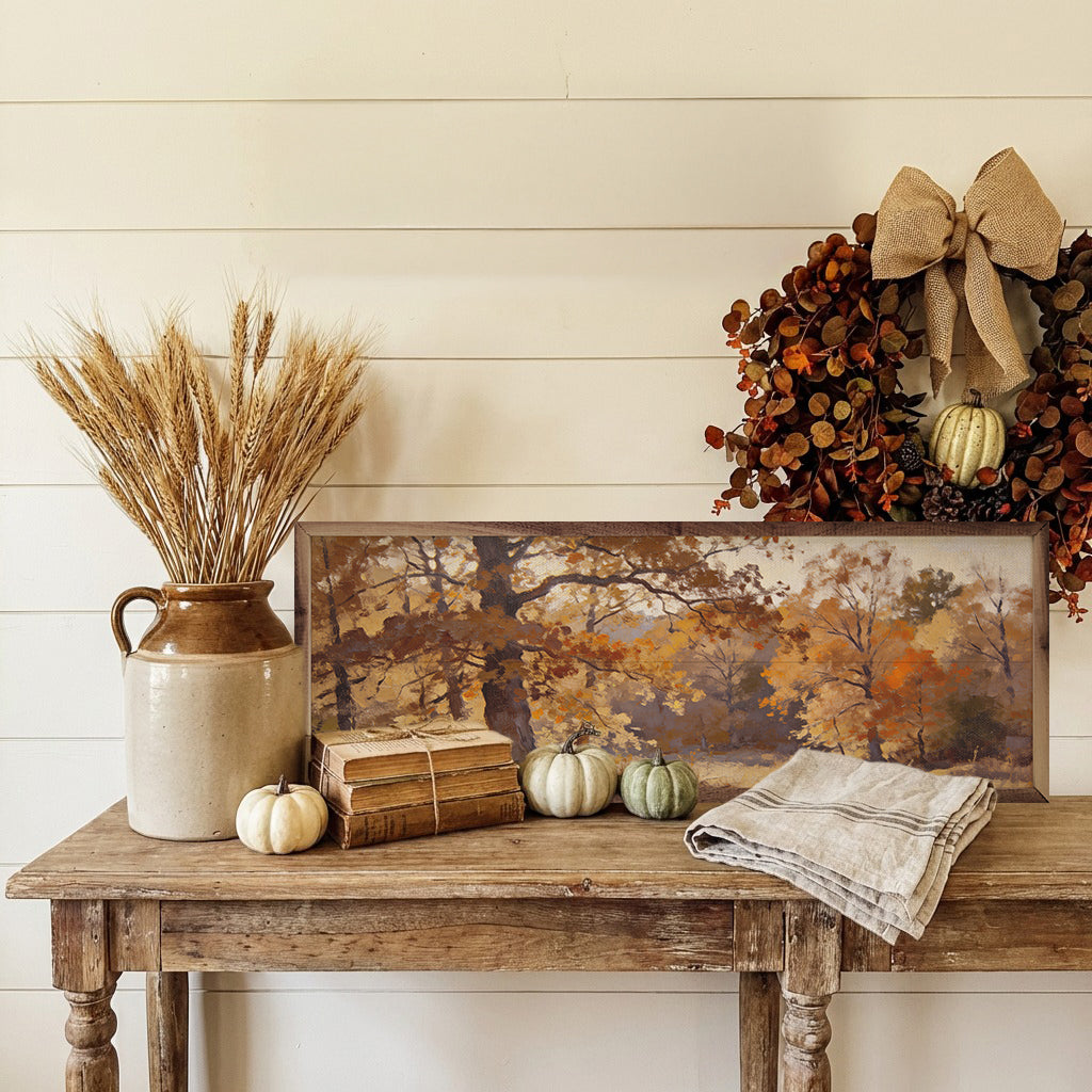 Walnut frame artwork of autumn trees in golden light, showcasing vibrant fall foliage and warm tones by Kendrick Home.