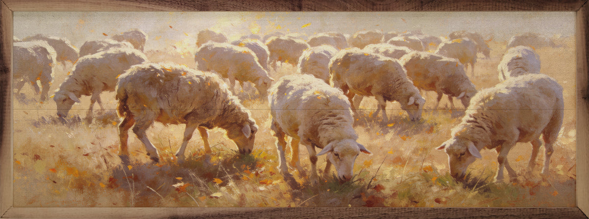 Walnut frame artwork featuring a flock of sheep in autumn colors, by Kendrick Home, 24x8 inch wall decor.