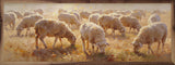 Walnut frame artwork featuring a flock of sheep in autumn colors, by Kendrick Home, 24x8 inch wall decor.