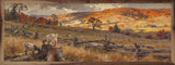 Walnut frame photo of pasture goats in autumn, featuring Kendrick Home's 24x8 landscape artwork titled Pasture Goats In Autumn.