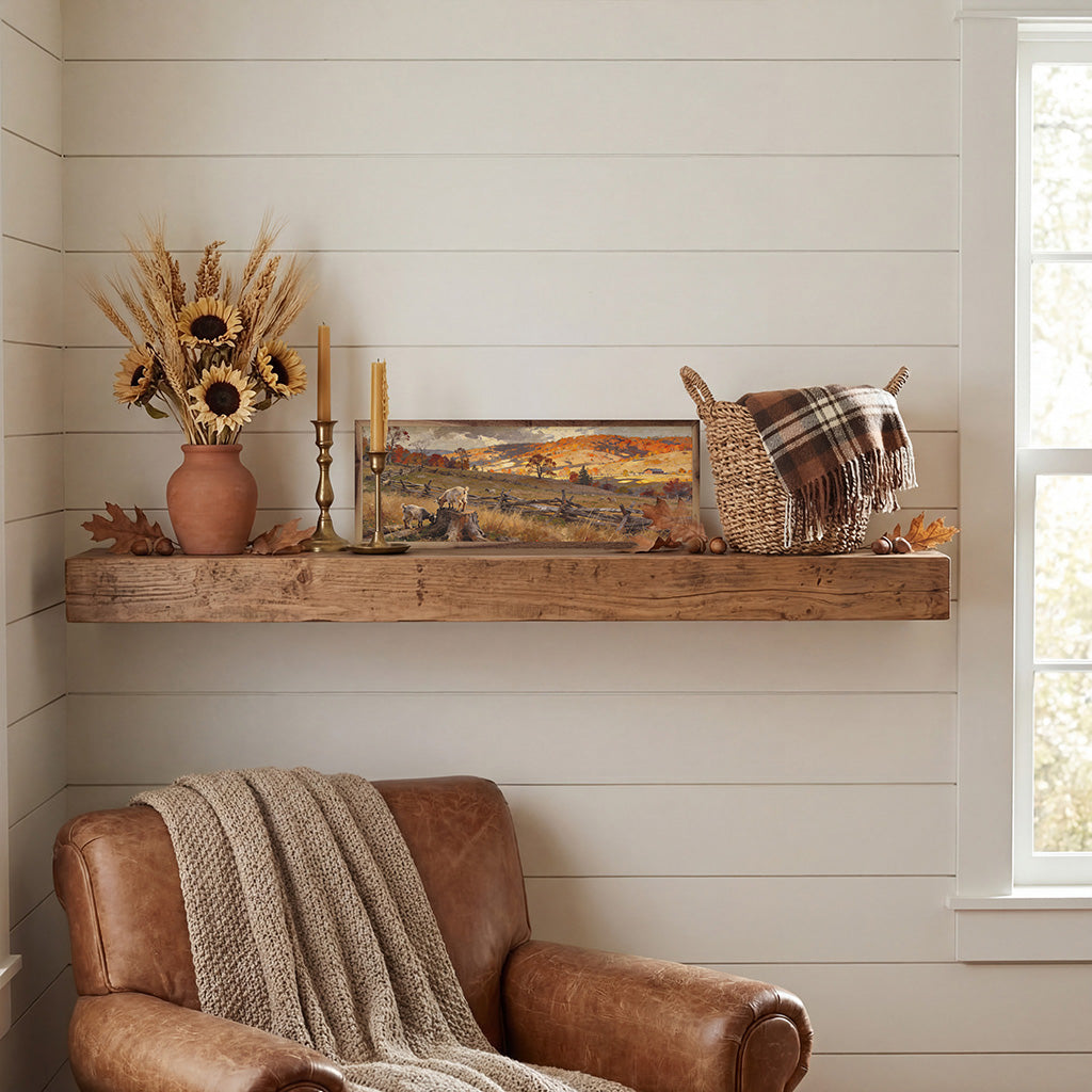 Walnut frame with an autumn scene of pasture goats grazing, captured in a Kendrick Home artwork.