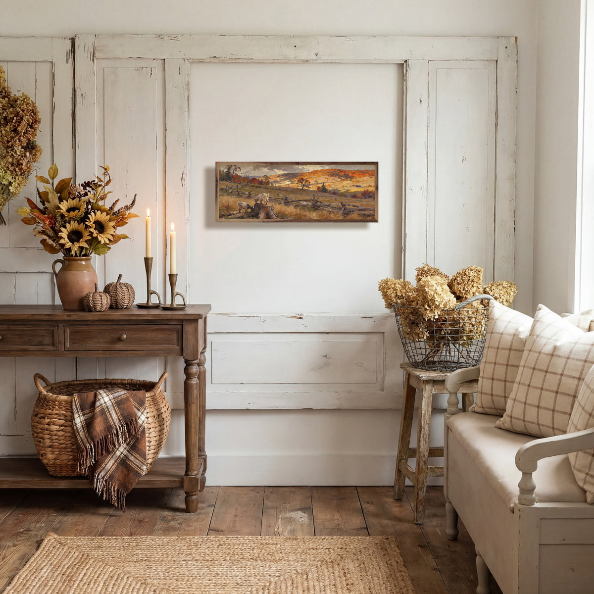 Walnut frame photo of pasture goats in autumn scenery, showcasing Kendrick Home's rustic wall art with outdoor farm animals.