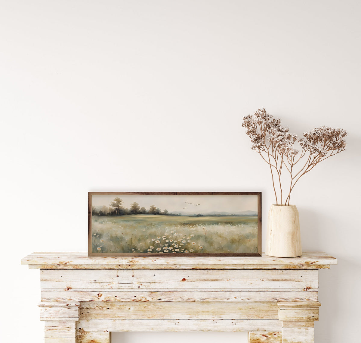 Walnut picture frame with floral design center from Kendrick Home, 24x8 inches, showcasing detailed flower artwork.