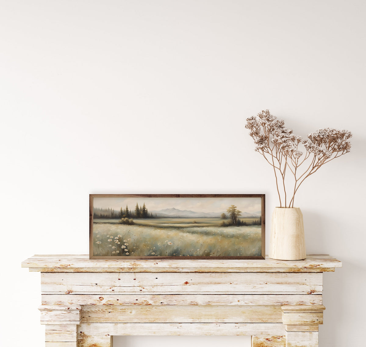 Walnut frame featuring a decorative valley with flowers, designed by Kendrick Home, 24x8 inches, left side view.