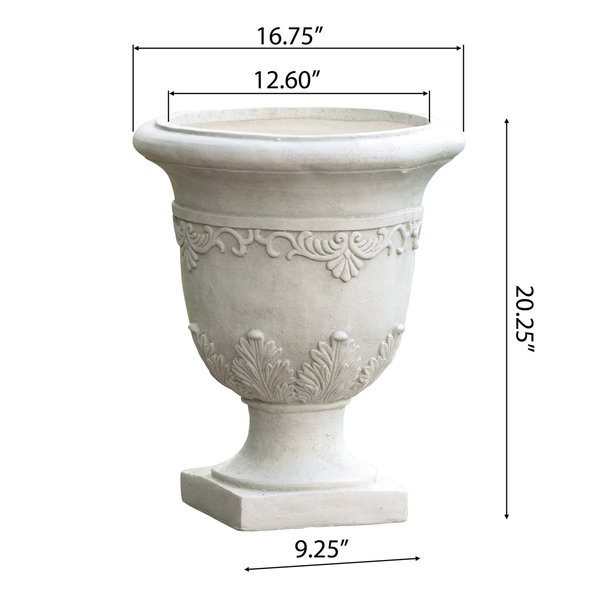 Antique white Moroccan urn planter made of magnesium oxide with ornate design, perfect for indoor or outdoor decor.