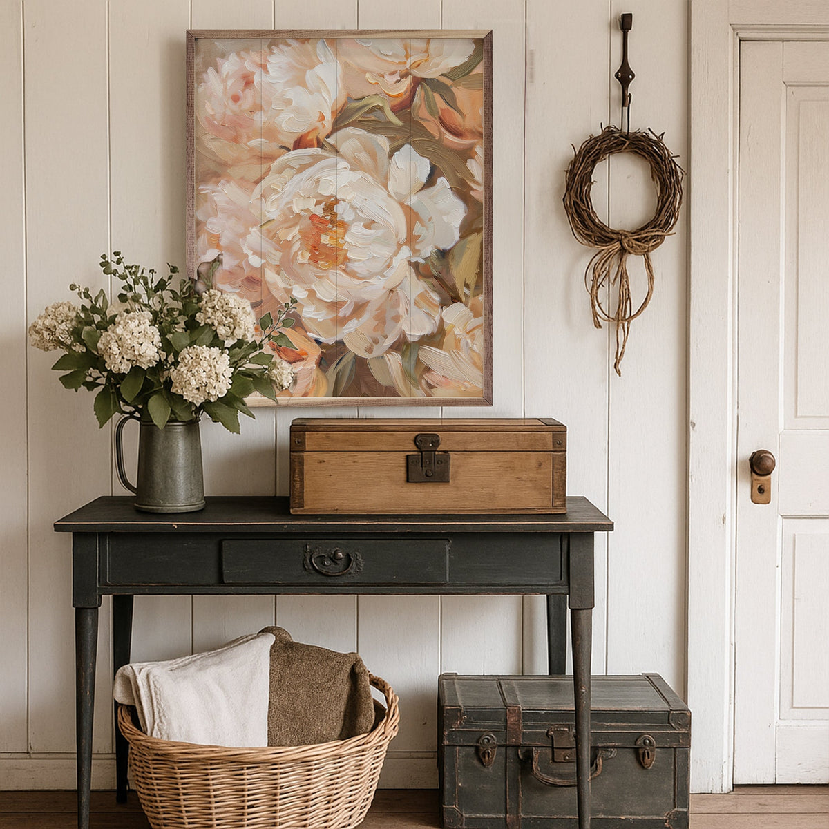 Walnut frame with Peachy Peonies Arlington Prints artwork, 32x40 inches, by Kendrick Home, featuring vibrant peony floral design.